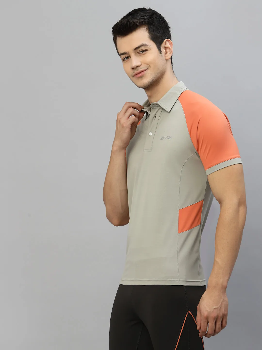 JUMP USA Men Light Grey & Coral Polo Collar Sports  T-Shirt