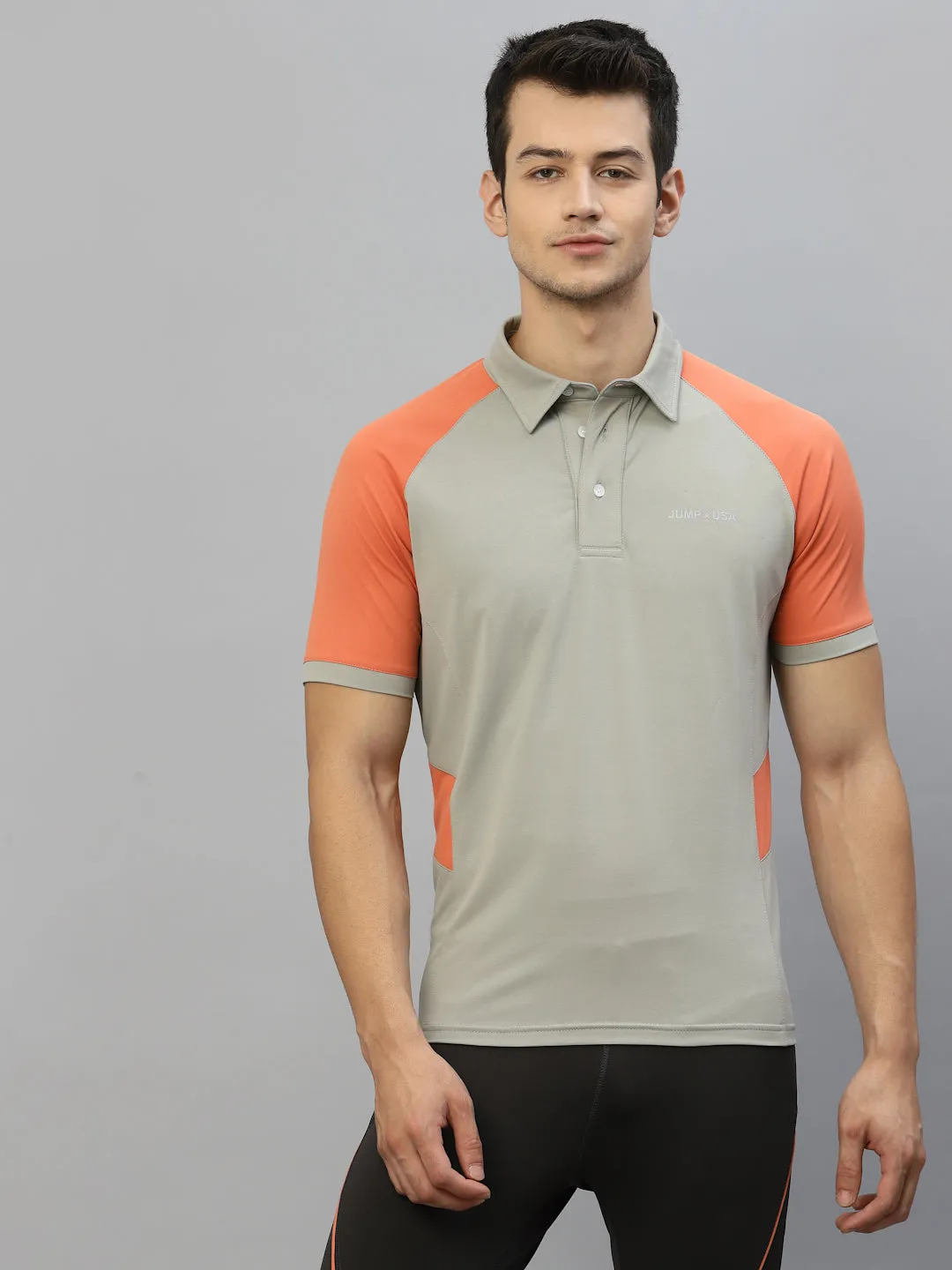 JUMP USA Men Light Grey & Coral Polo Collar Sports  T-Shirt