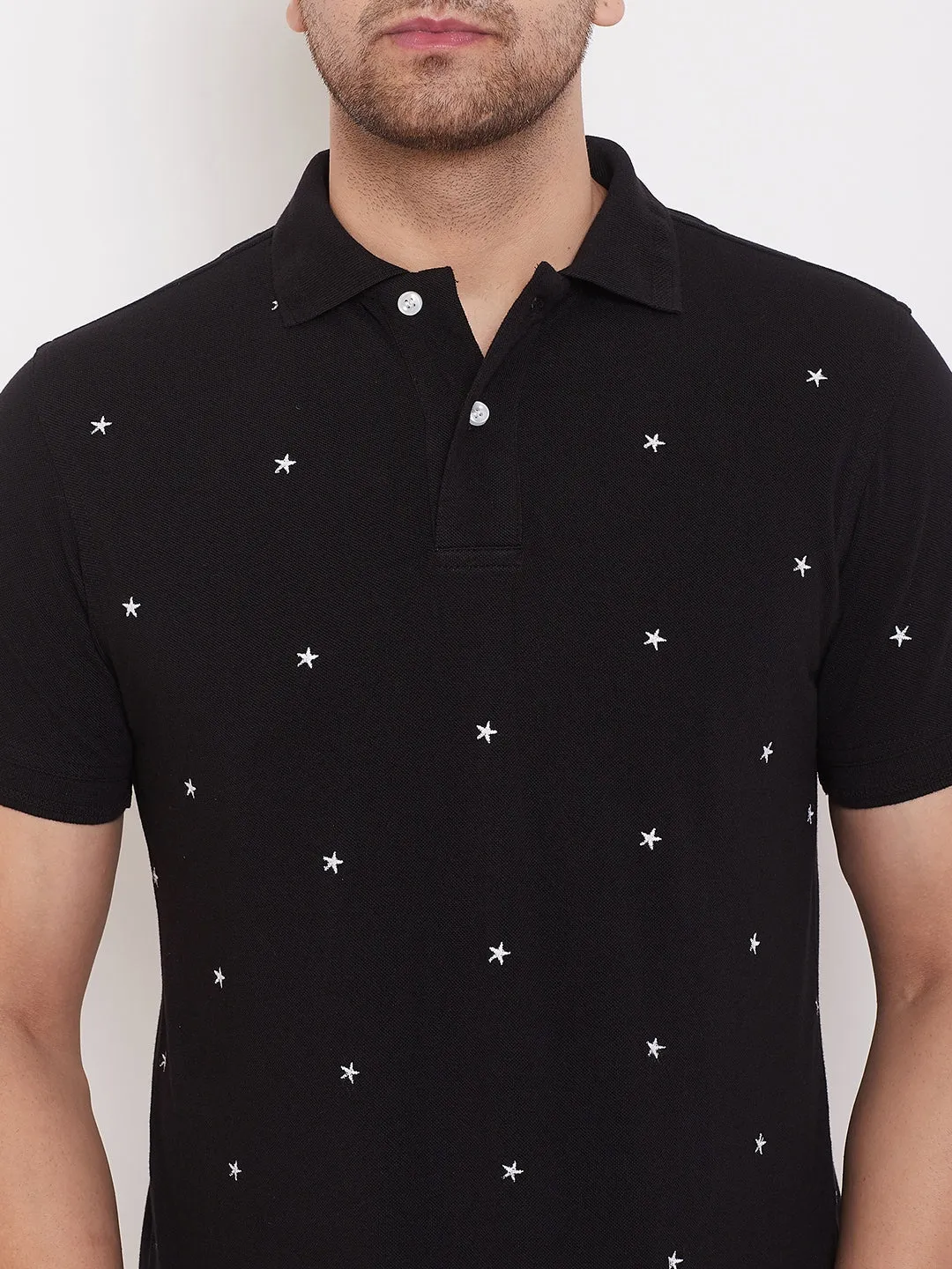 JUMP USA Men Stars Embroidery Black Polo T-shirt