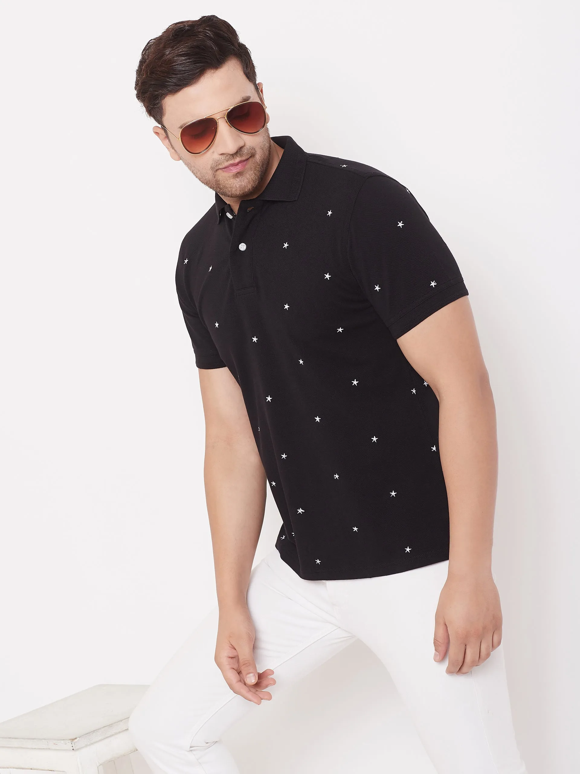 JUMP USA Men Stars Embroidery Black Polo T-shirt