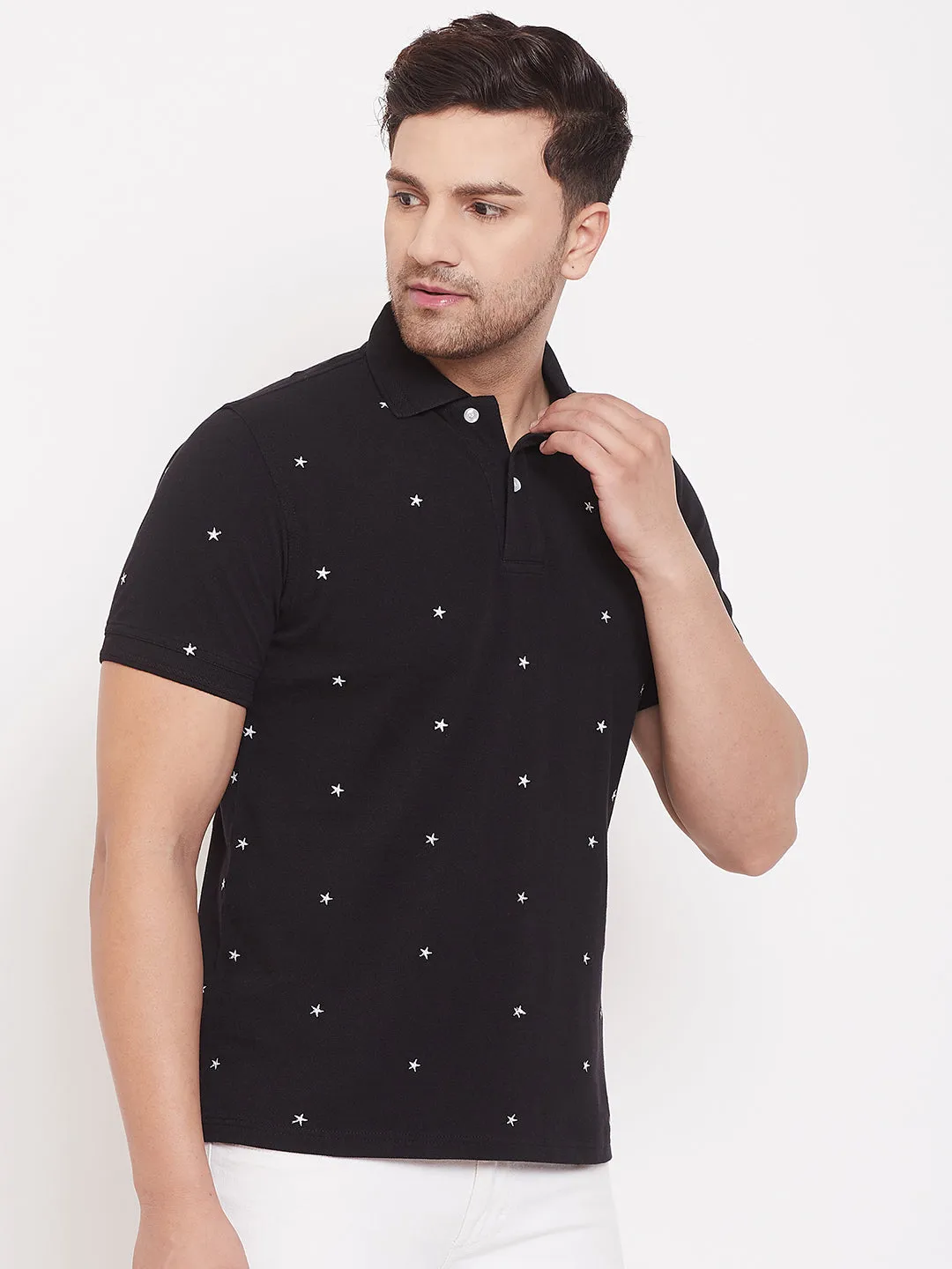 JUMP USA Men Stars Embroidery Black Polo T-shirt