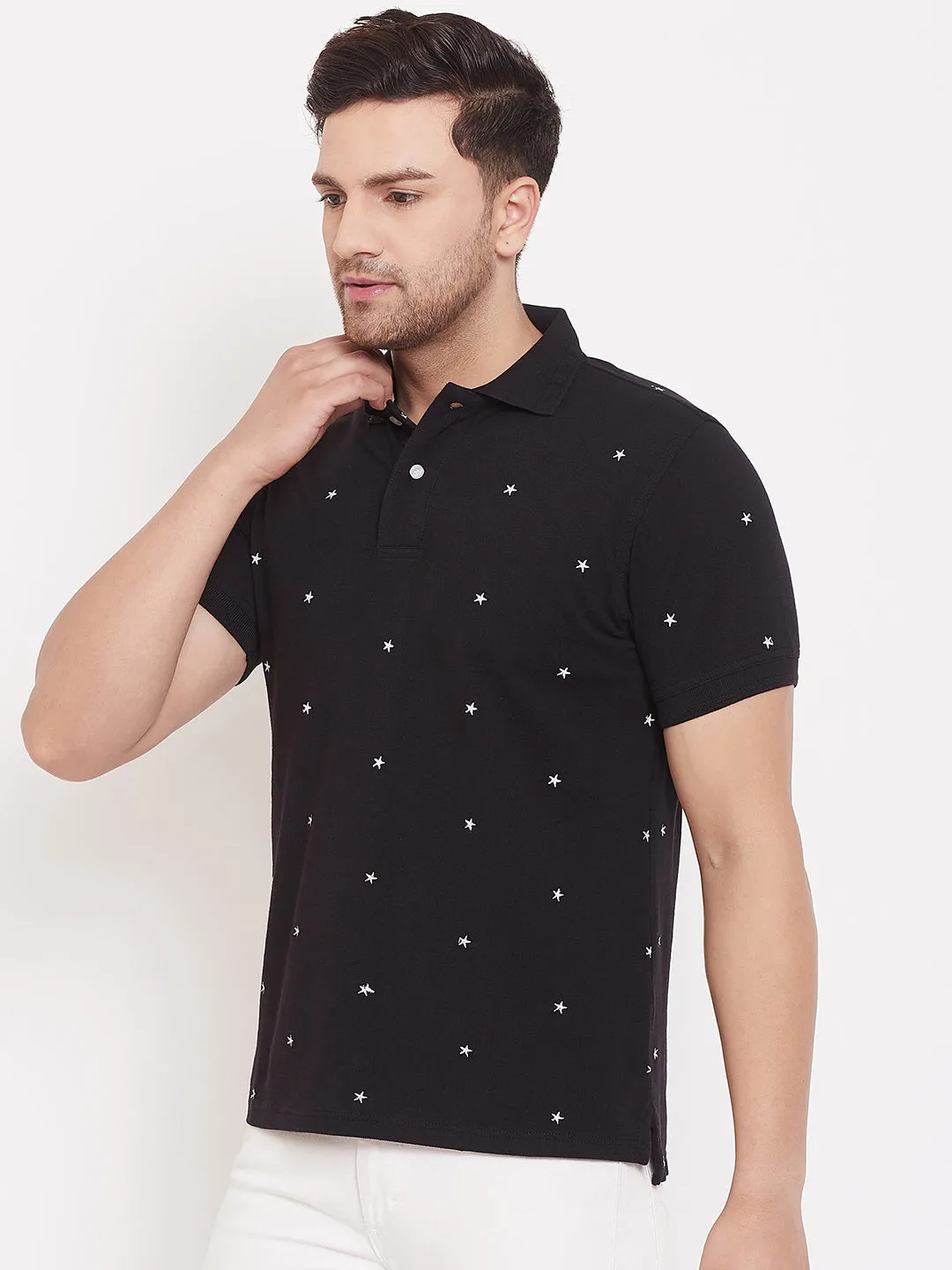 JUMP USA Men Stars Embroidery Black Polo T-shirt