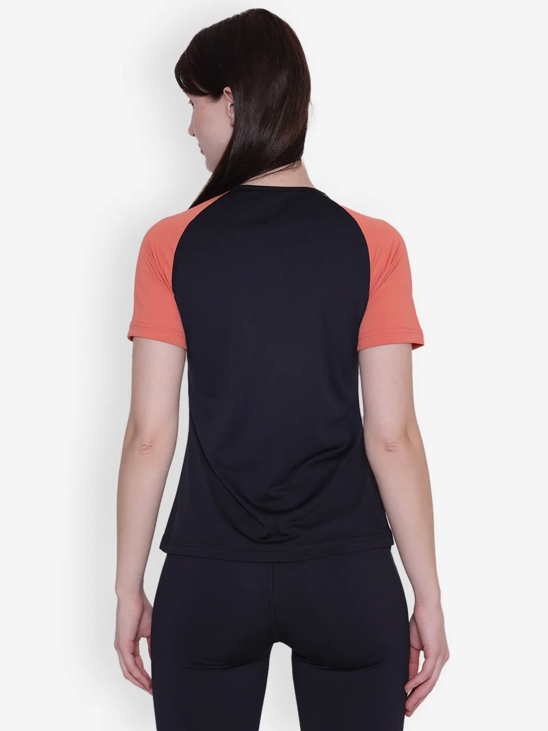 JUMP USA Women Short Sleeve Black & Coral Round Neck T-Shirt