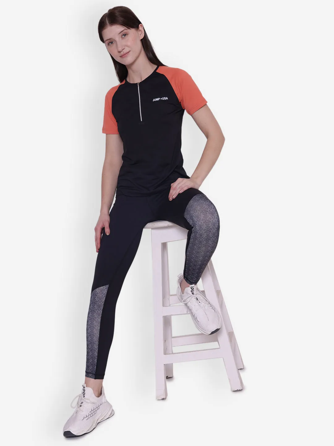 JUMP USA Women Short Sleeve Black & Coral Round Neck T-Shirt