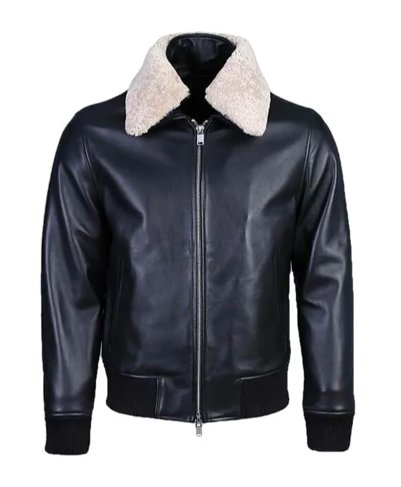 Karakul Mens Pilot Leather Jacket Faux Fur Collar