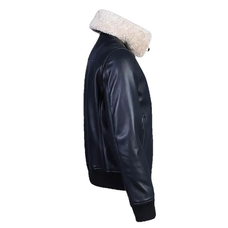 Karakul Mens Pilot Leather Jacket Faux Fur Collar