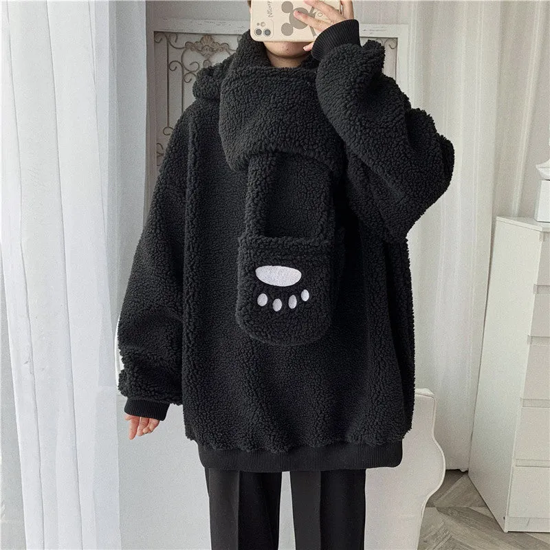 Kawaii 2 pc scarf teddy sweatshirt set cute warm sweater bear ear scarf hat lamb wool plush for winter loose fit coat for boys n girls