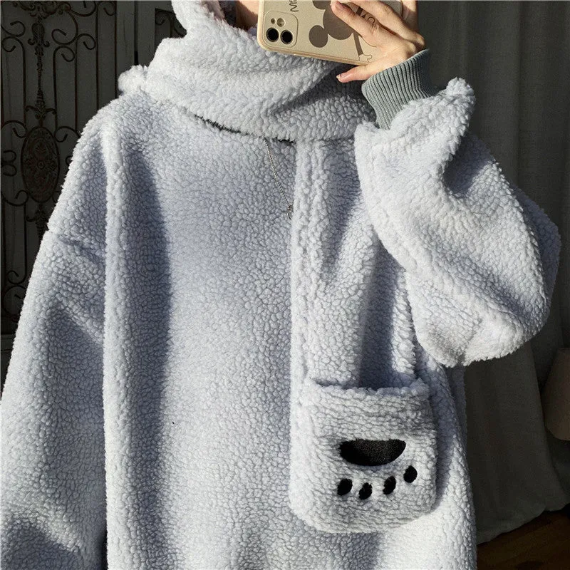 Kawaii 2 pc scarf teddy sweatshirt set cute warm sweater bear ear scarf hat lamb wool plush for winter loose fit coat for boys n girls