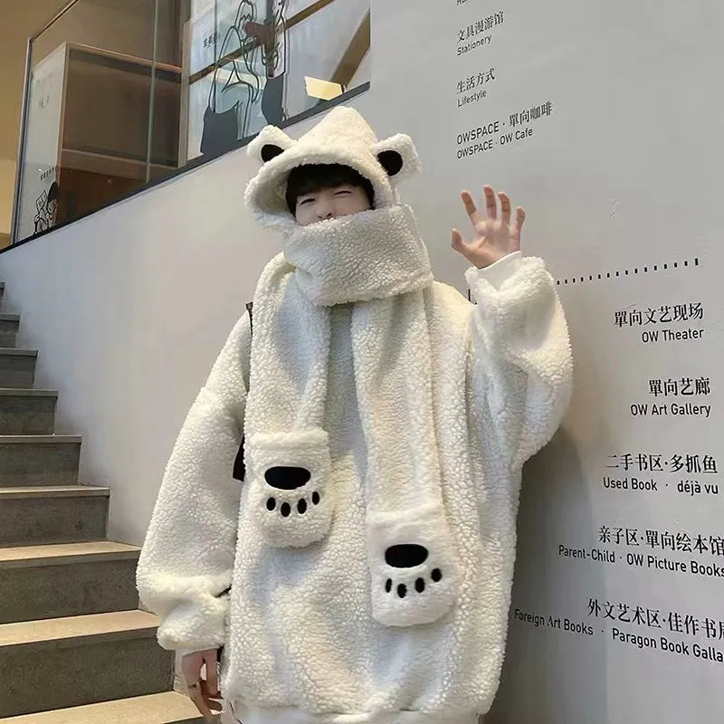 Kawaii 2 pc scarf teddy sweatshirt set cute warm sweater bear ear scarf hat lamb wool plush for winter loose fit coat for boys n girls