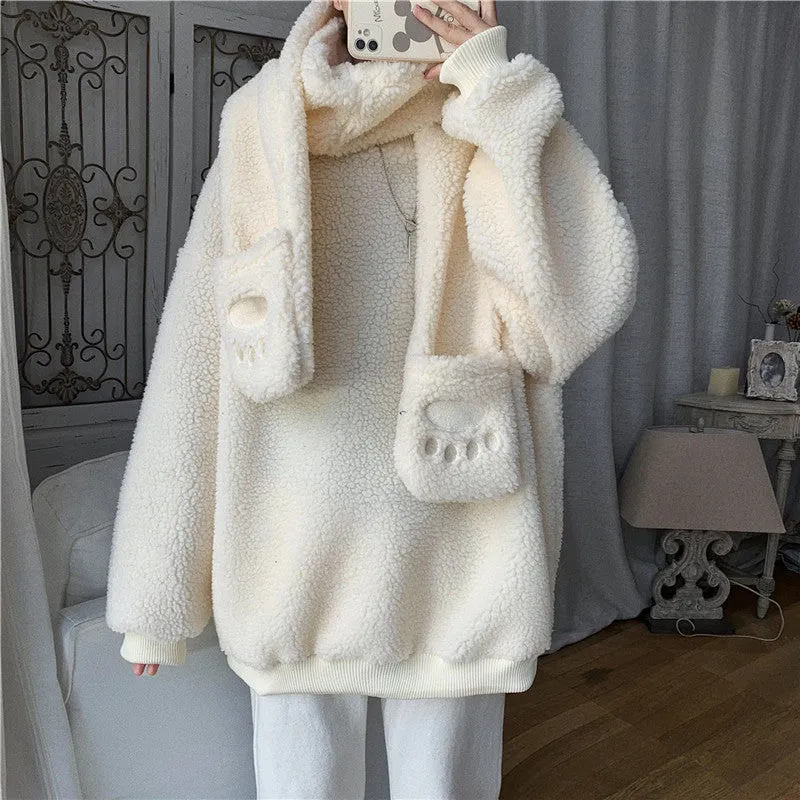 Kawaii 2 pc scarf teddy sweatshirt set cute warm sweater bear ear scarf hat lamb wool plush for winter loose fit coat for boys n girls