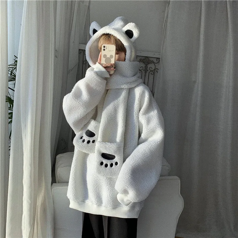 Kawaii 2 pc scarf teddy sweatshirt set cute warm sweater bear ear scarf hat lamb wool plush for winter loose fit coat for boys n girls