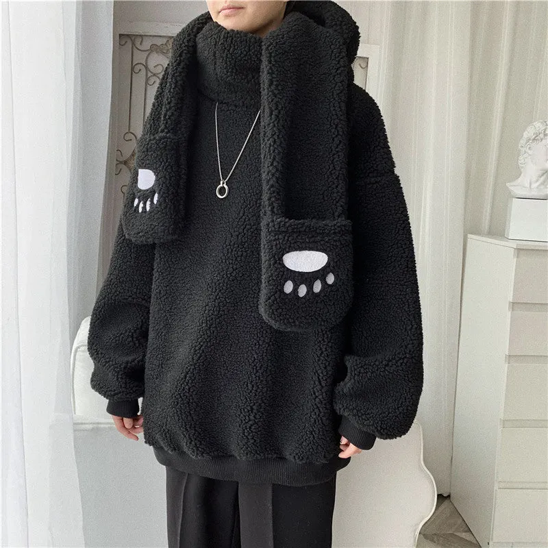 Kawaii 2 pc scarf teddy sweatshirt set cute warm sweater bear ear scarf hat lamb wool plush for winter loose fit coat for boys n girls