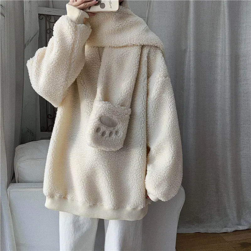 Kawaii 2 pc scarf teddy sweatshirt set cute warm sweater bear ear scarf hat lamb wool plush for winter loose fit coat for boys n girls