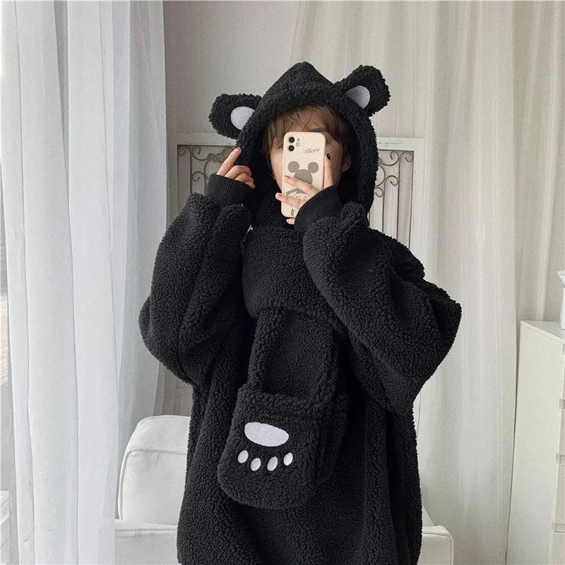 Kawaii 2 pc scarf teddy sweatshirt set cute warm sweater bear ear scarf hat lamb wool plush for winter loose fit coat for boys n girls