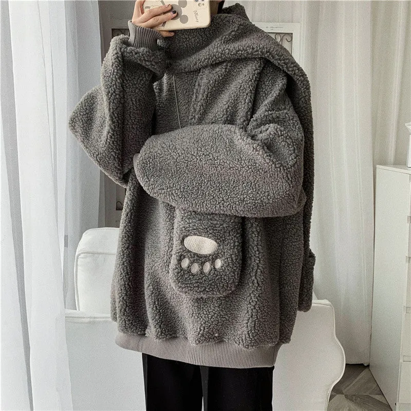 Kawaii 2 pc scarf teddy sweatshirt set cute warm sweater bear ear scarf hat lamb wool plush for winter loose fit coat for boys n girls