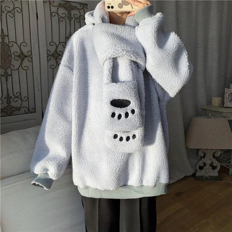 Kawaii 2 pc scarf teddy sweatshirt set cute warm sweater bear ear scarf hat lamb wool plush for winter loose fit coat for boys n girls