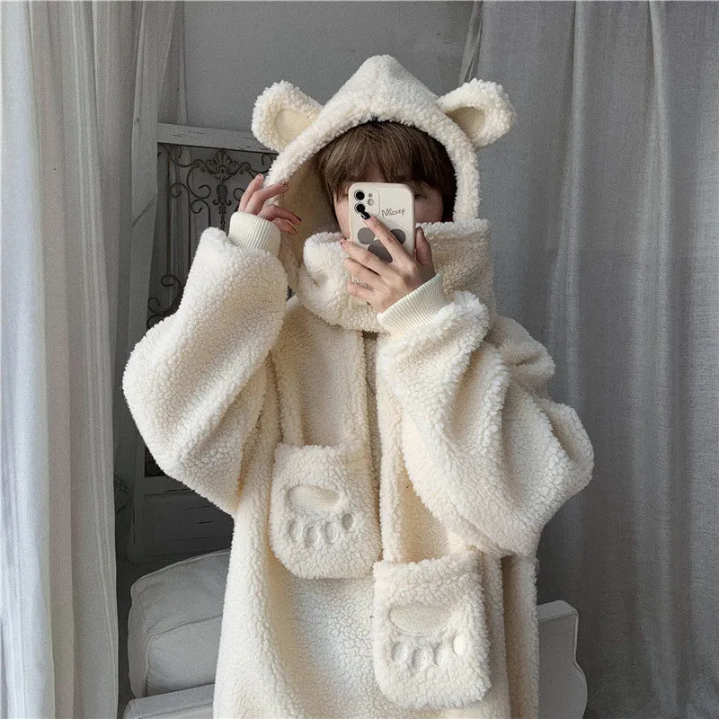 Kawaii 2 pc scarf teddy sweatshirt set cute warm sweater bear ear scarf hat lamb wool plush for winter loose fit coat for boys n girls