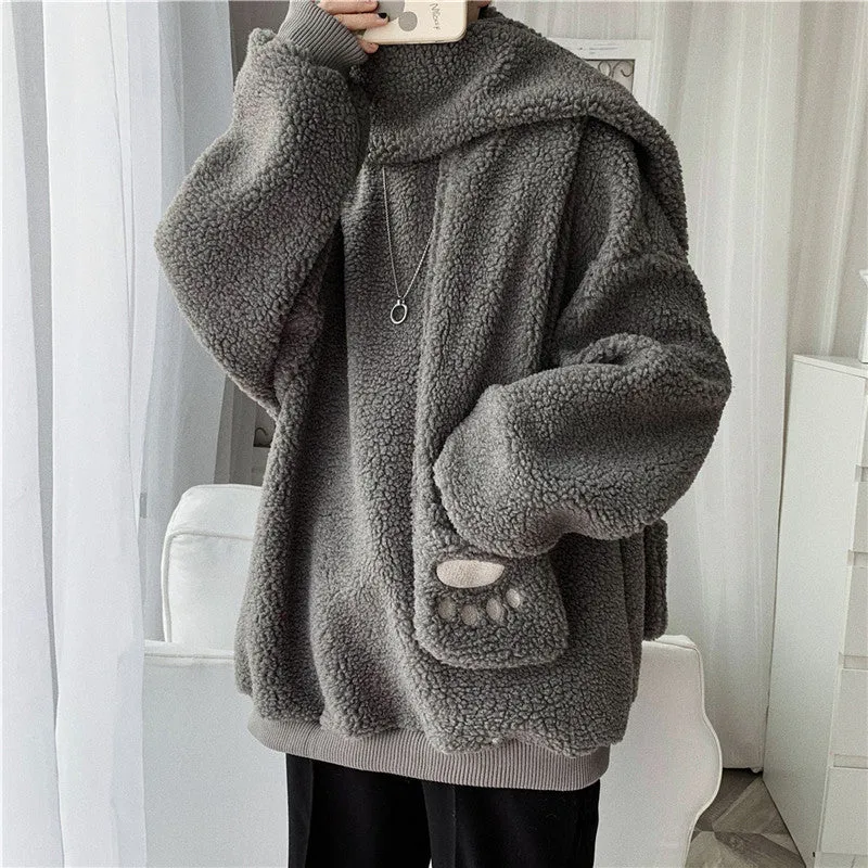 Kawaii 2 pc scarf teddy sweatshirt set cute warm sweater bear ear scarf hat lamb wool plush for winter loose fit coat for boys n girls