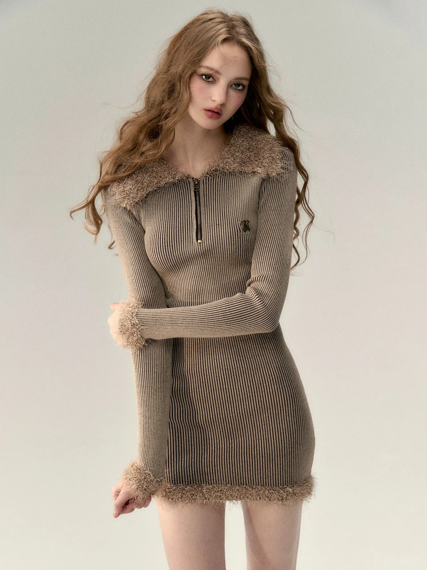 Khaki Collar Knit Mini Dress