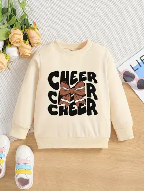 Kids Cute Cheer Graphic Sweatshirt 100% Polyester Crew Neck Medium Stretch Alphabet Print Top for Fall/Winter - Casual Long Sleeve Knit Fabric Pullover for Girls 12 and Under