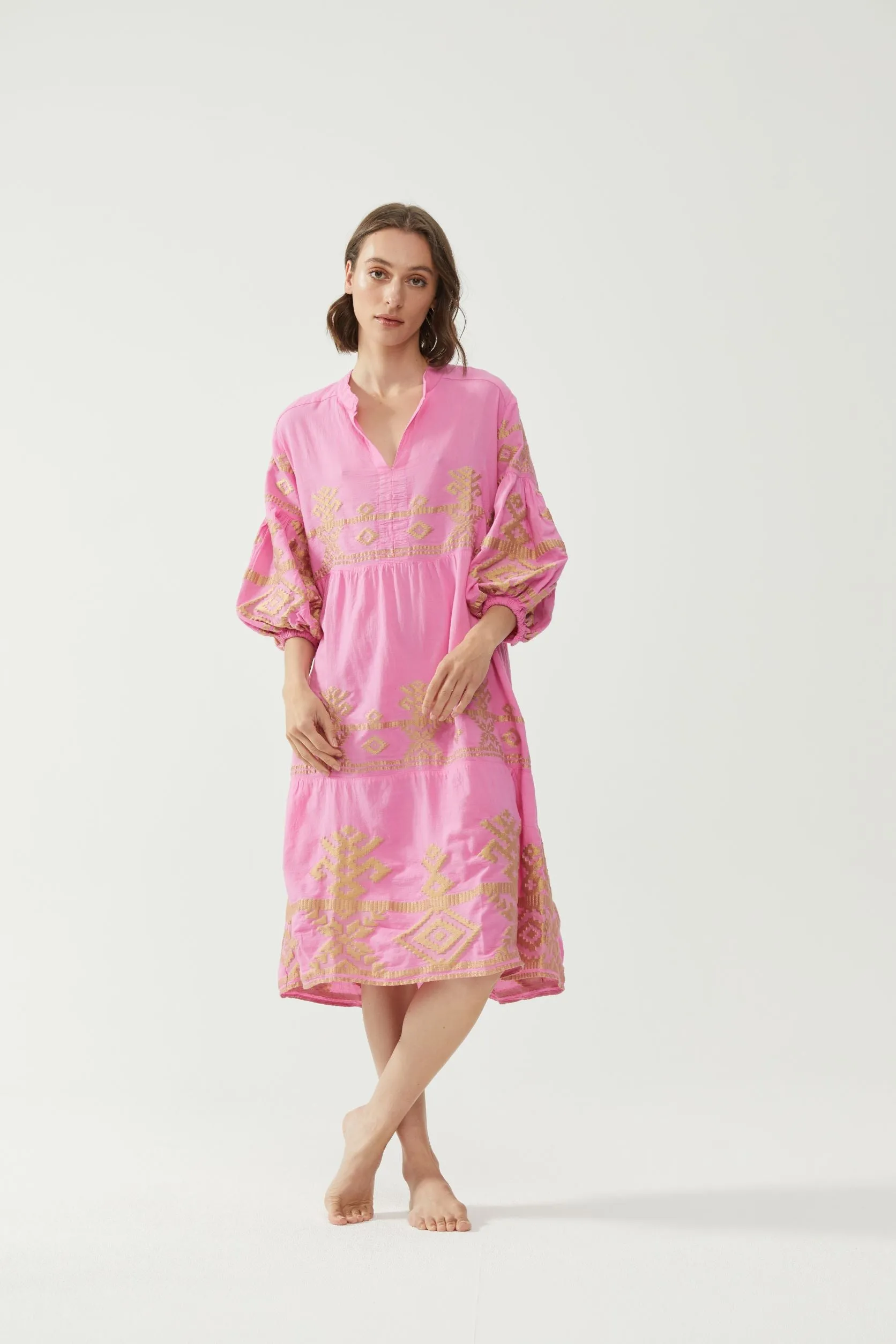 Kiitos Long Carmen Dress - Fuchsia/Gold