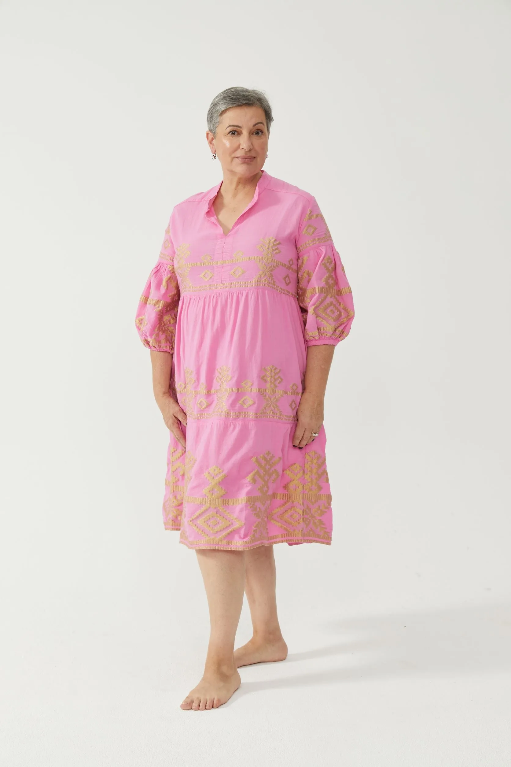 Kiitos Long Carmen Dress - Fuchsia/Gold