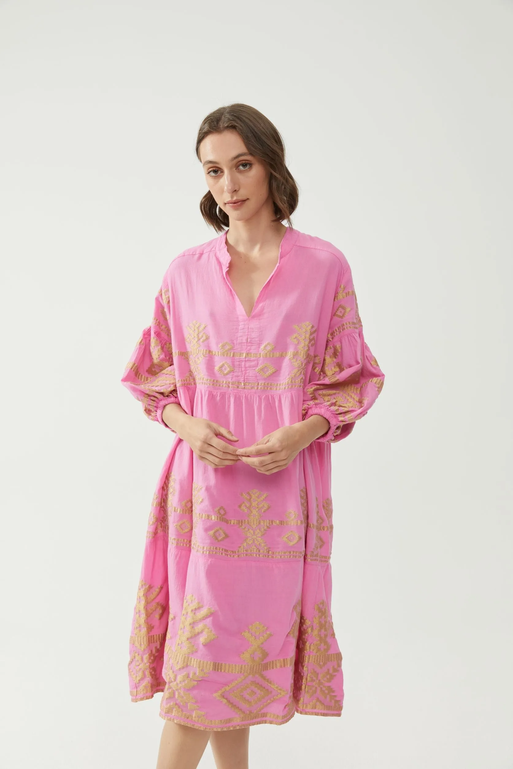 Kiitos Long Carmen Dress - Fuchsia/Gold