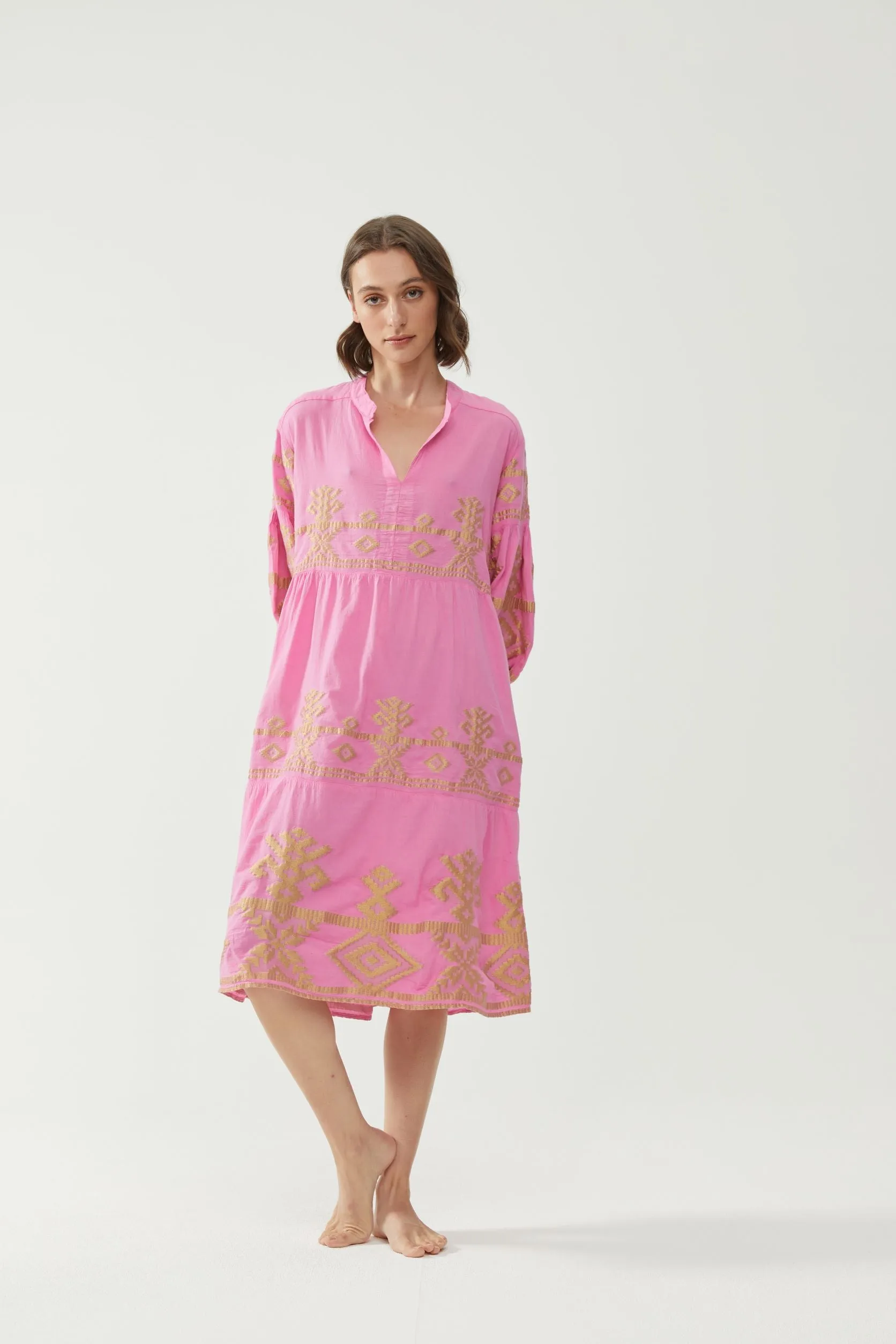 Kiitos Long Carmen Dress - Fuchsia/Gold