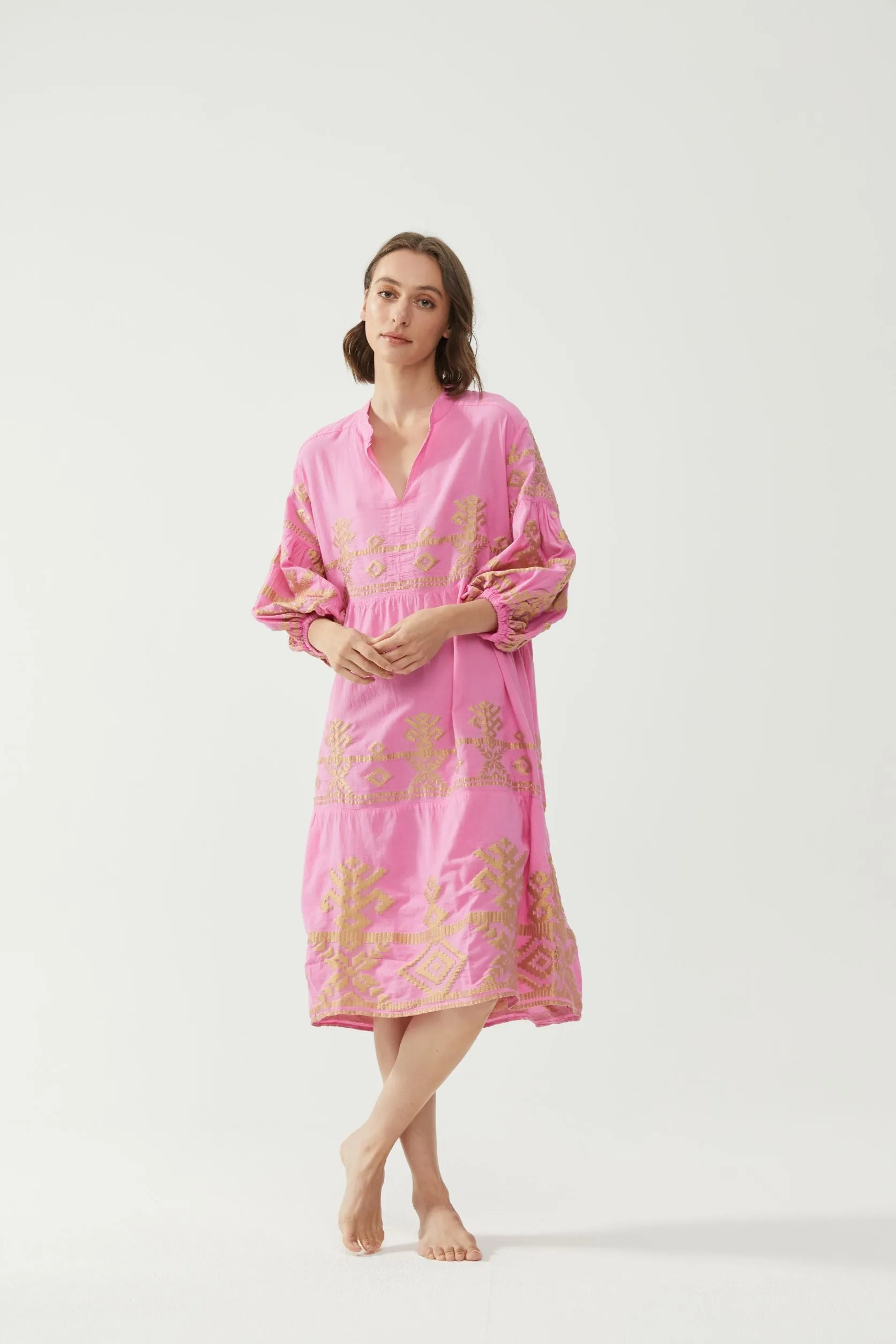 Kiitos Long Carmen Dress - Fuchsia/Gold