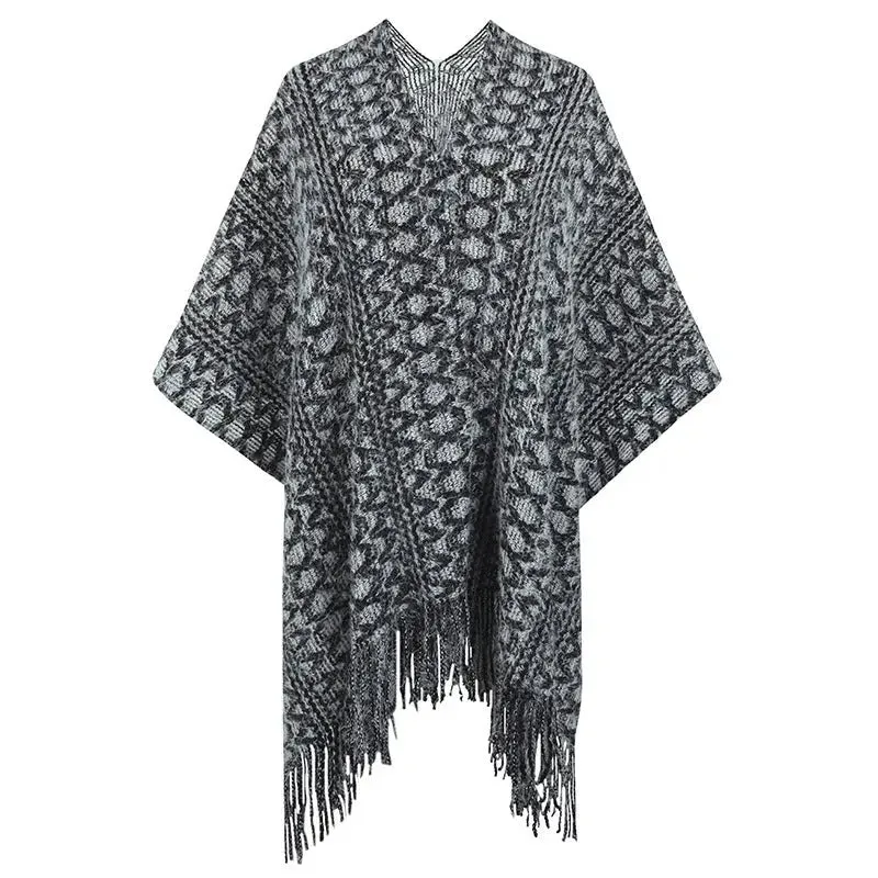 Knitted Tassel Cape Shawl Cardigan