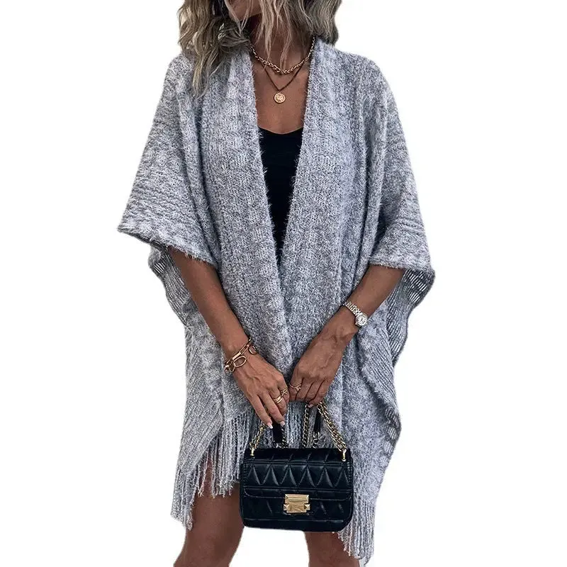 Knitted Tassel Cape Shawl Cardigan