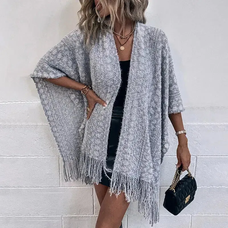 Knitted Tassel Cape Shawl Cardigan