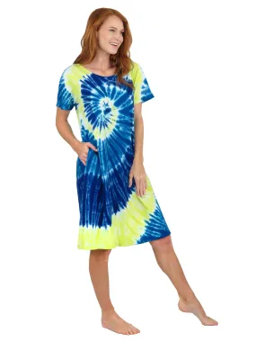 La Cera Cotton Knit Short Sleeve Blue Yellow Tie-Dye Dress