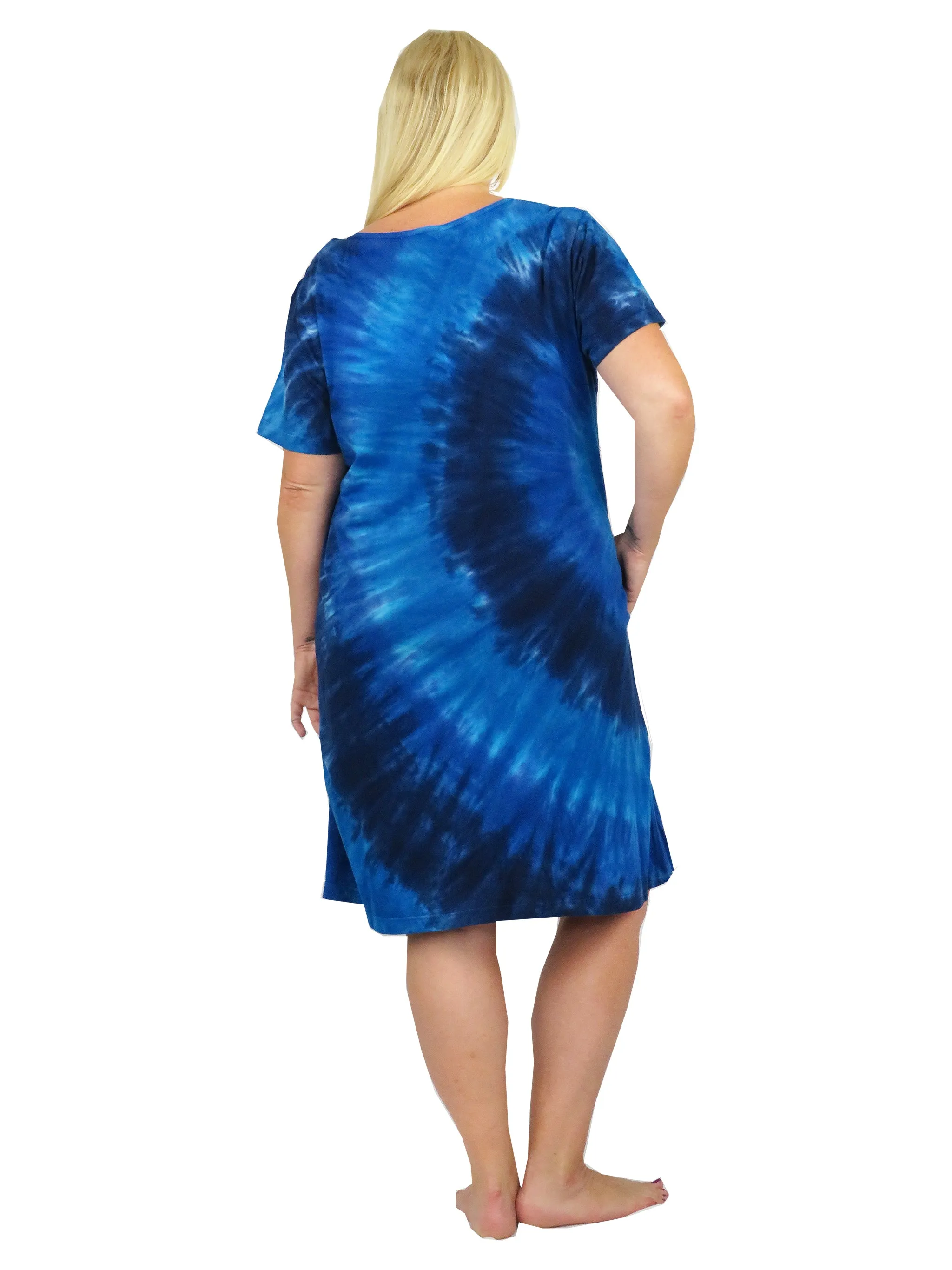 La Cera Cotton Knit Short Sleeve Denim Blue Tie-Dye Dress - Plus Size