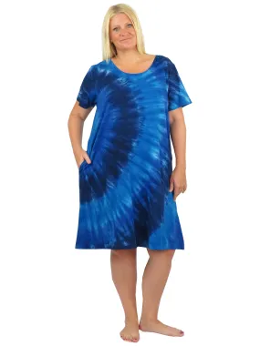 La Cera Cotton Knit Short Sleeve Denim Blue Tie-Dye Dress - Plus Size