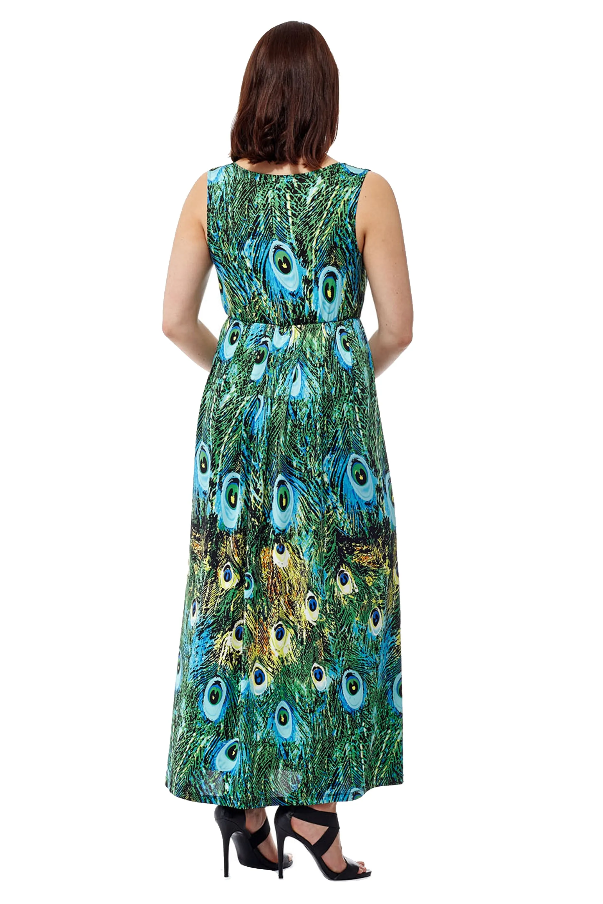 La Cera Peacock Printed Sleevless Maxi Dress