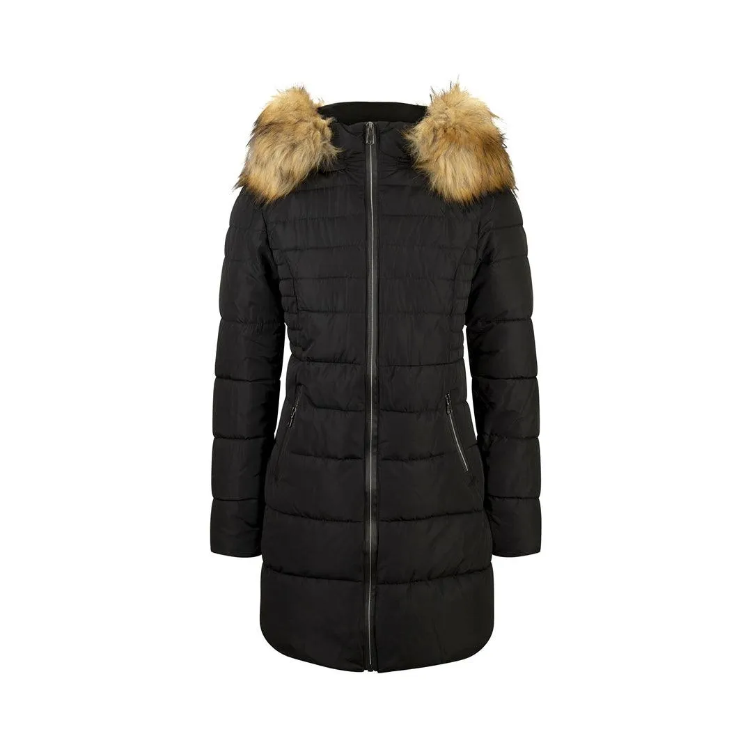 Ladies 3/4 Parka Jacket Fur Hood Zipped Padded Puffer Black Beige Winter