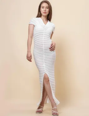 Ladies Solid Color See Sheer Knit Midi Dress SKD4974