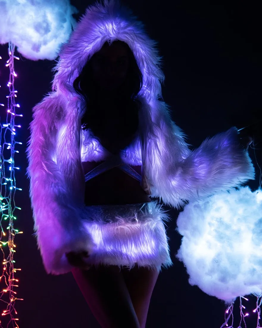 Lavender LED White Furry Cropped Hooded Jacket