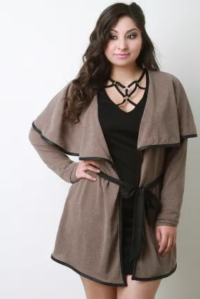 Leather Trim Belted Capelet Cardigan