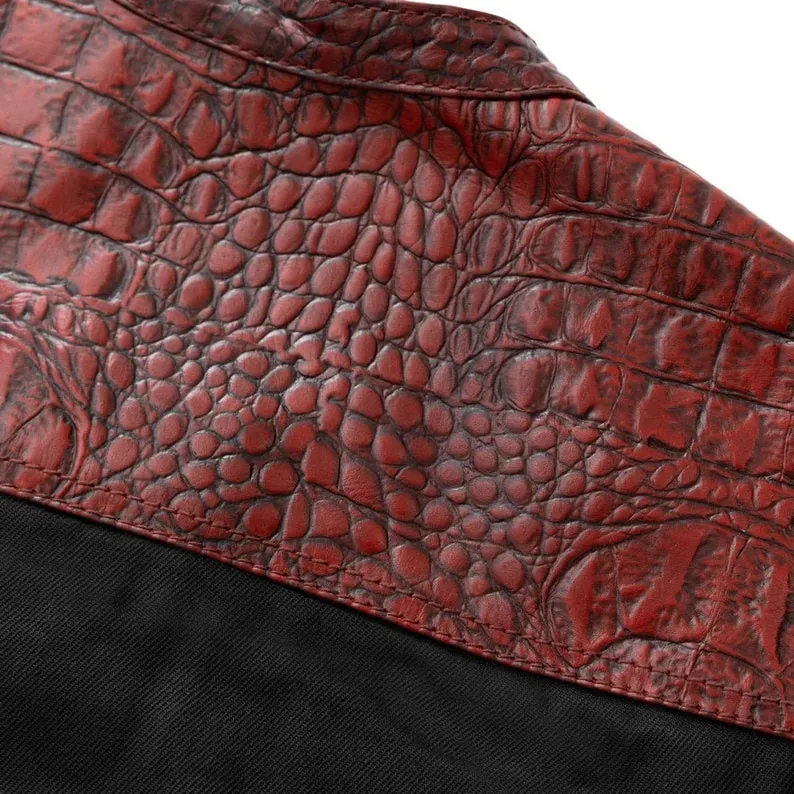 Leather Vest ,Crocodile Plated Leather Red Wax Motorcycle Men's Vest Denim Vest Black Vest