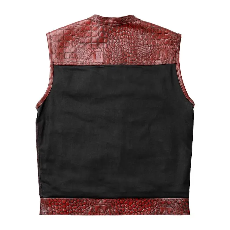 Leather Vest ,Crocodile Plated Leather Red Wax Motorcycle Men's Vest Denim Vest Black Vest