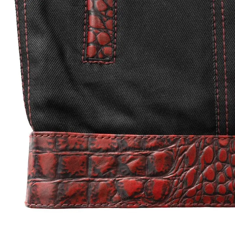 Leather Vest ,Crocodile Plated Leather Red Wax Motorcycle Men's Vest Denim Vest Black Vest