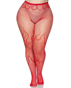 Leg Avenue Flame Net Tights - 1X/2X - Red