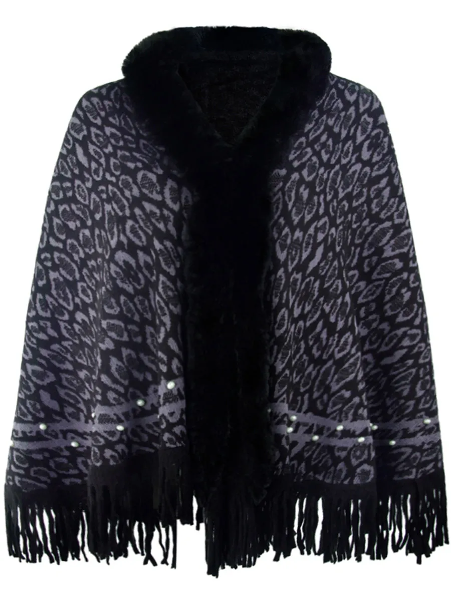 Leopard Faux Fur Beaded Retro Fringe Hem Knit Pullover Poncho