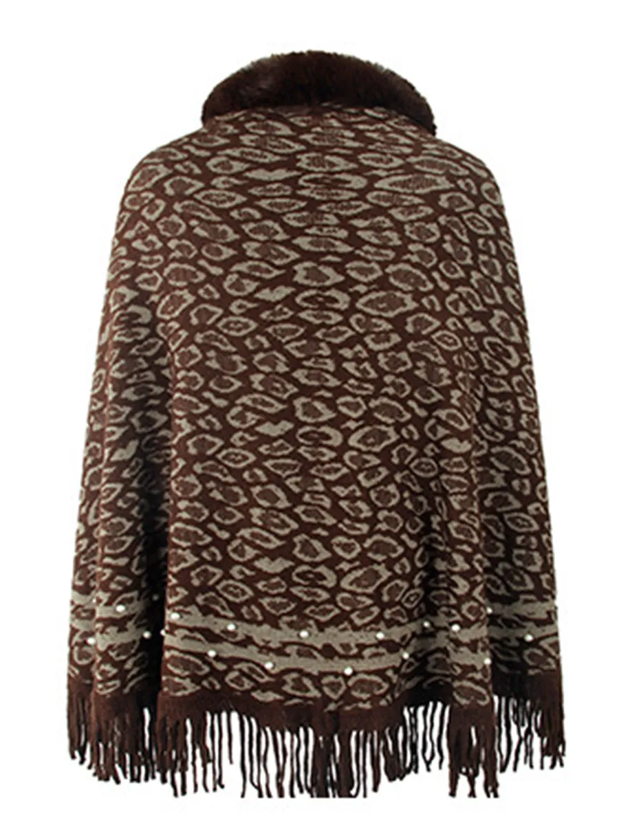 Leopard Faux Fur Beaded Retro Fringe Hem Knit Pullover Poncho