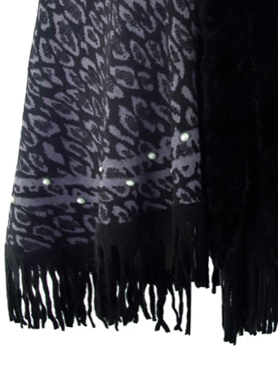 Leopard Faux Fur Beaded Retro Fringe Hem Knit Pullover Poncho