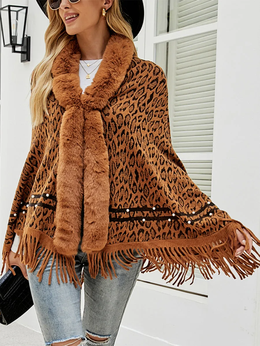 Leopard Faux Fur Beaded Retro Fringe Hem Knit Pullover Poncho