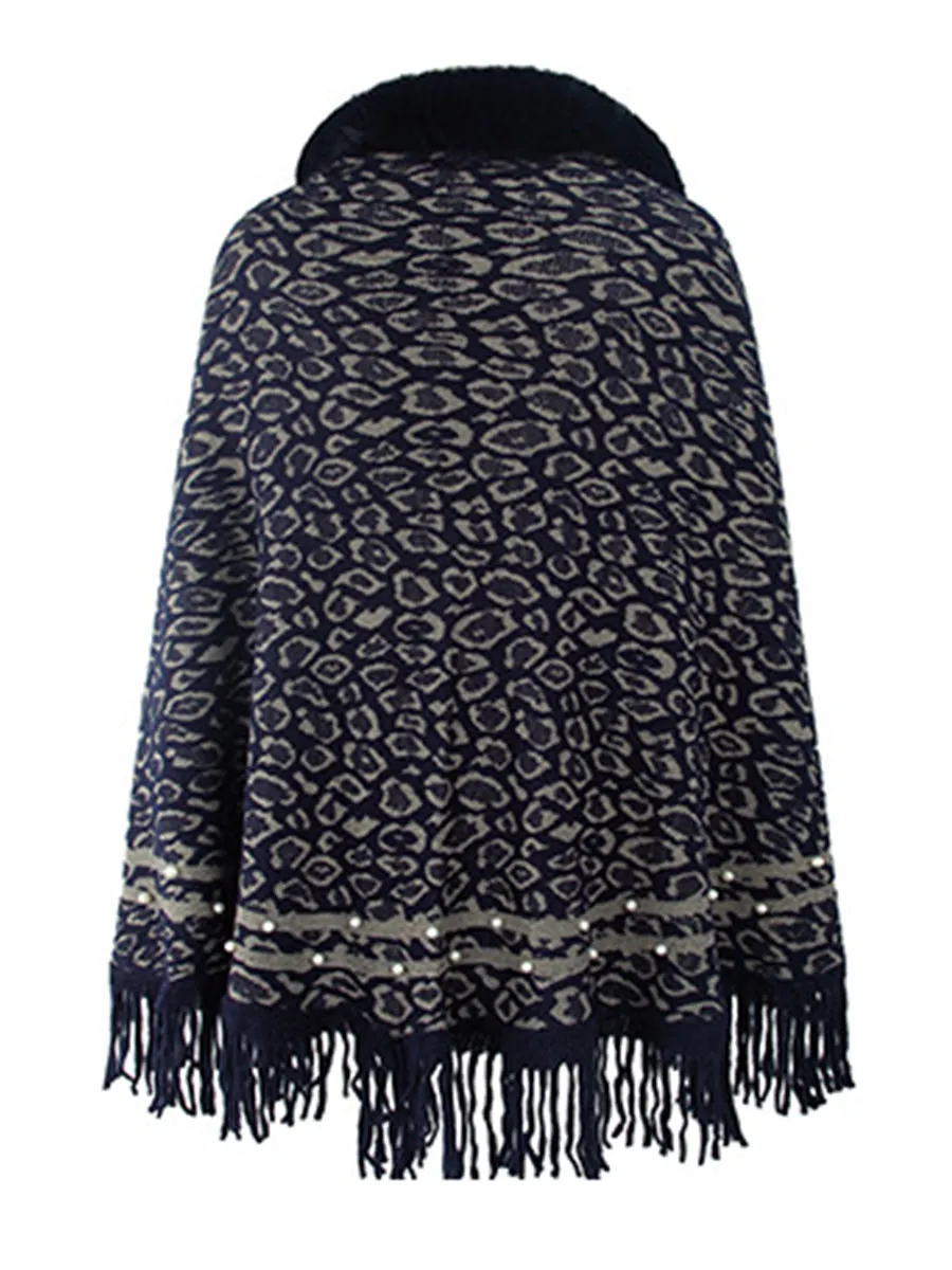 Leopard Faux Fur Beaded Retro Fringe Hem Knit Pullover Poncho