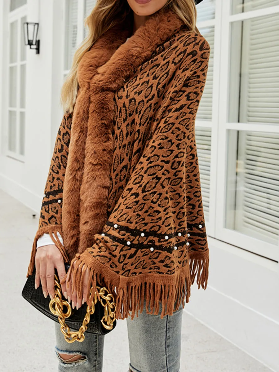 Leopard Faux Fur Beaded Retro Fringe Hem Knit Pullover Poncho